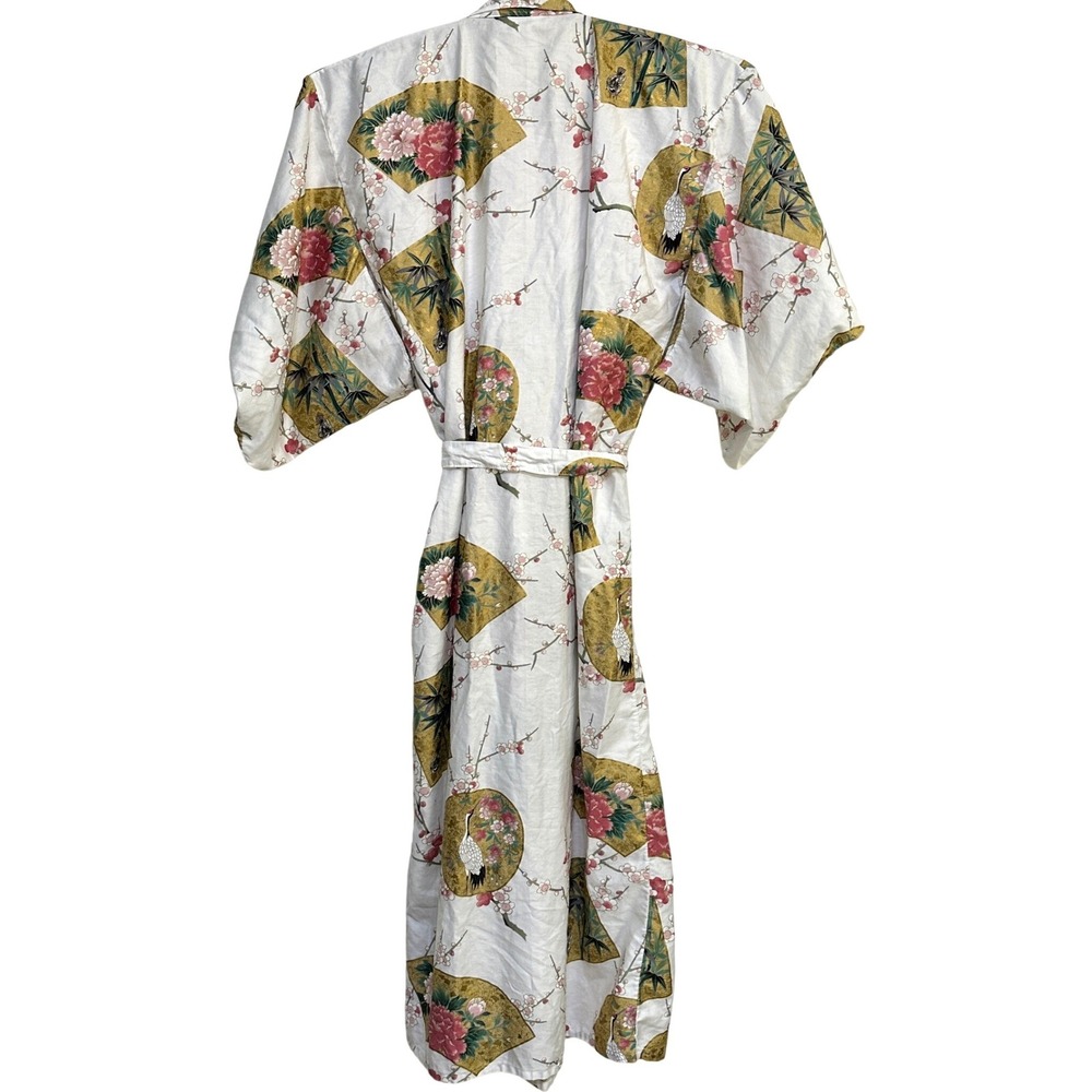 Authentic Japanese Yukata Kimono Robe Cotton OS Crane Floral Made in Japan VTG - Picture 2 of 11